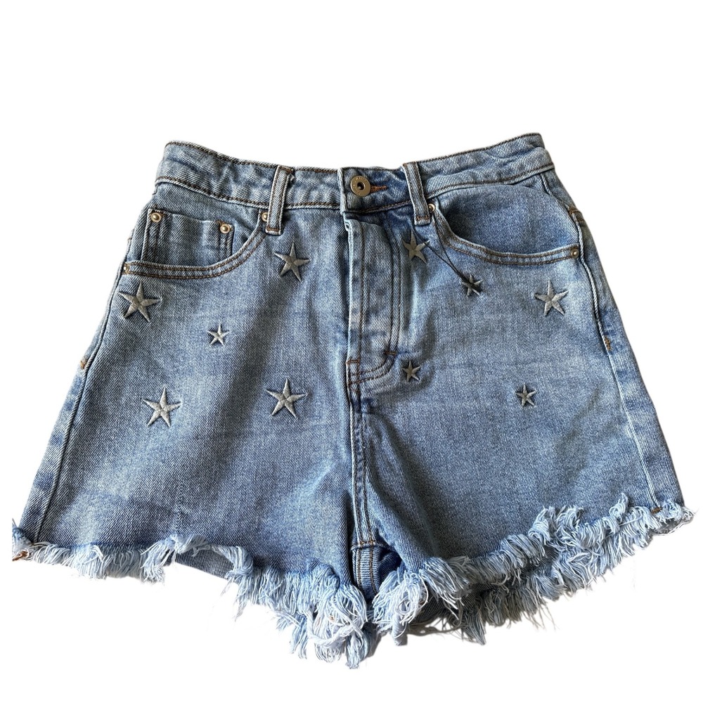 NWOT Dance & Marvel High Rise Buttonfly Denim Shorts W/Embroidered Stars, Small